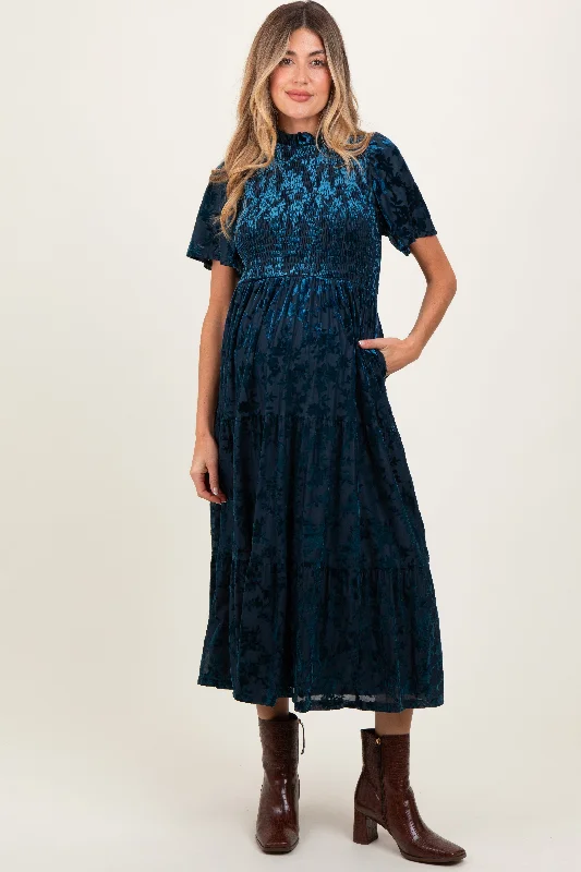 Navy Floral Velvet Print Smocked Maternity Midi DressStriped Dress