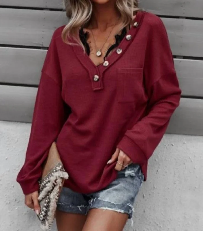 Angela Oversized Henley Top In Burgundy