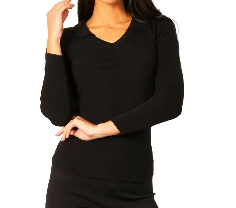 Collared V-Neck Top In Black