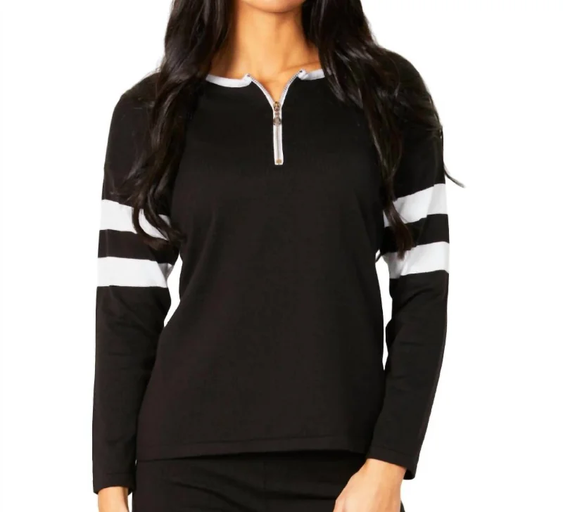 Crew Stripe Zip Detail Top In Black