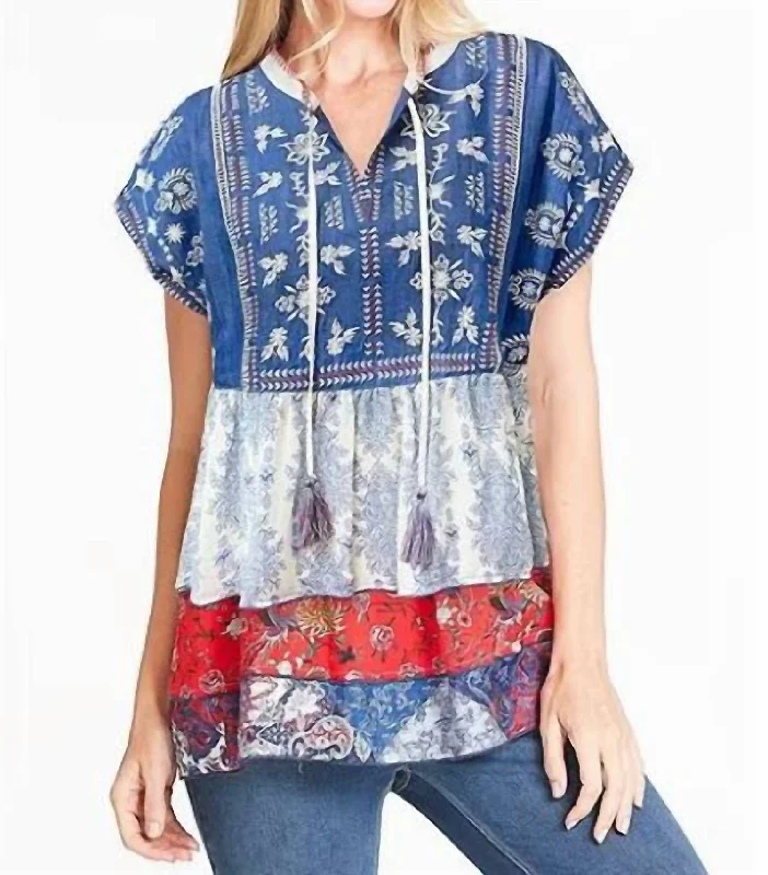 Embroidered Tassle Mixed Print Top In Blue And White