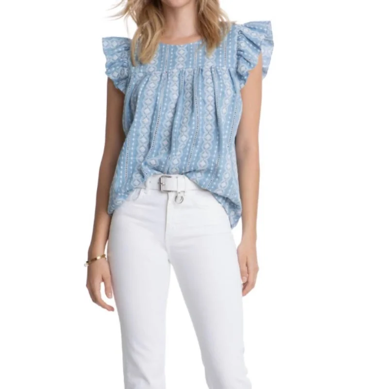 Eyelet Flutter Top In Blue Eyelet