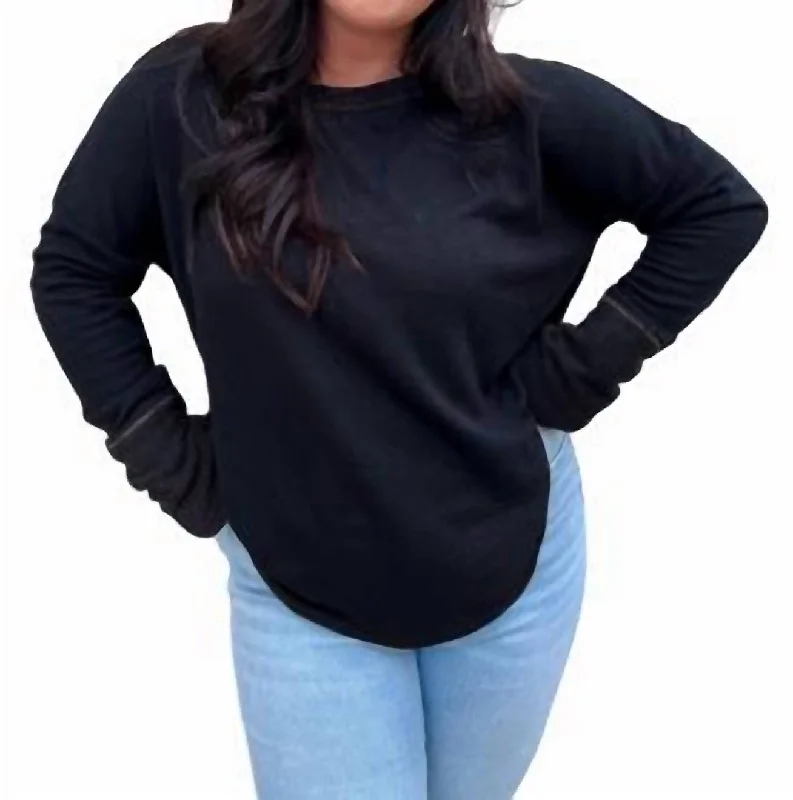 Melanie Cotton French Terry Knit Top With Thumb Hole Cuffs In Black