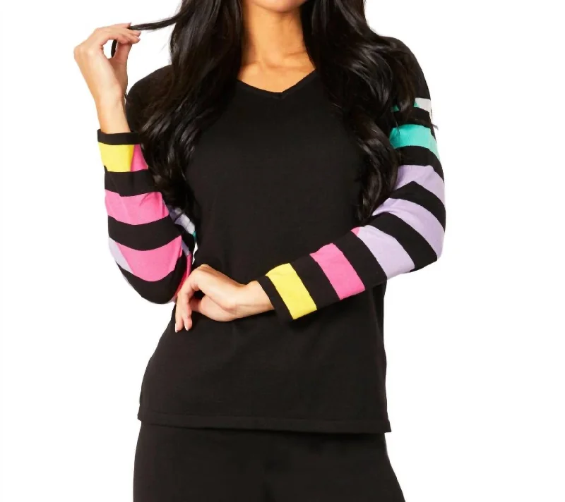 Multi Stripe V-Neck Top In Black