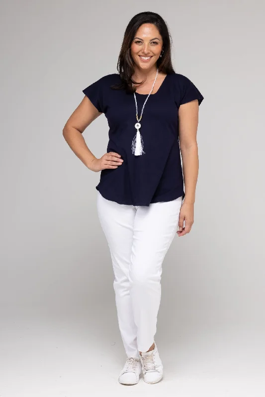 Navy Short Sleeve Cotton Knit Top