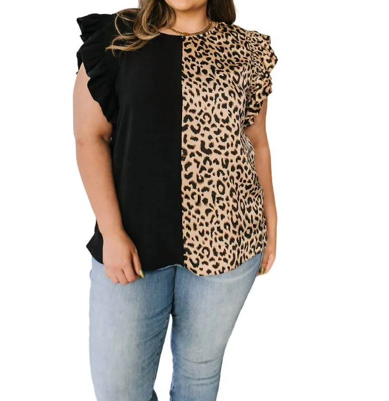 Phoebe Colorblock Leopard Ruffled Shoulder Top In Black/leopard