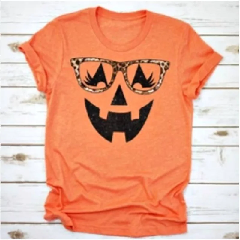 Pumpkin Tee With Leopard Glasses In Orange