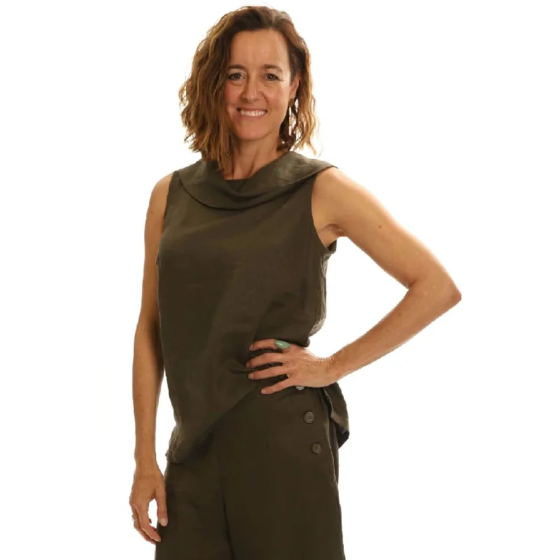 See Saw Linen Cowl Collared Sleeveless Shirt