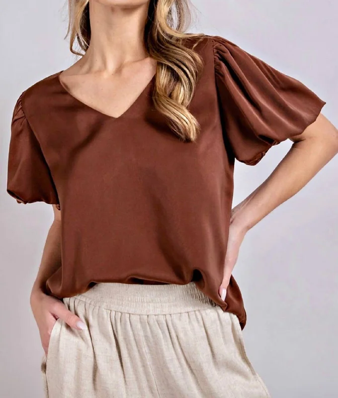 V- Neck Puff Sleeve Blouse In Brown