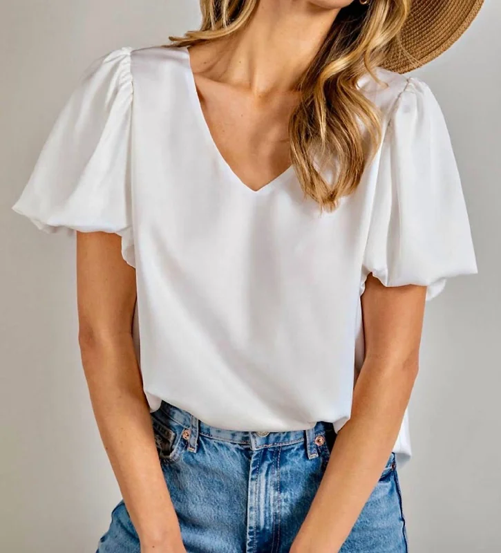 V- Neck Puff Sleeve Blouse In White