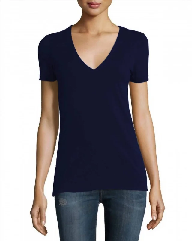 Women V-Neck Cotton T-Shirt In Navy