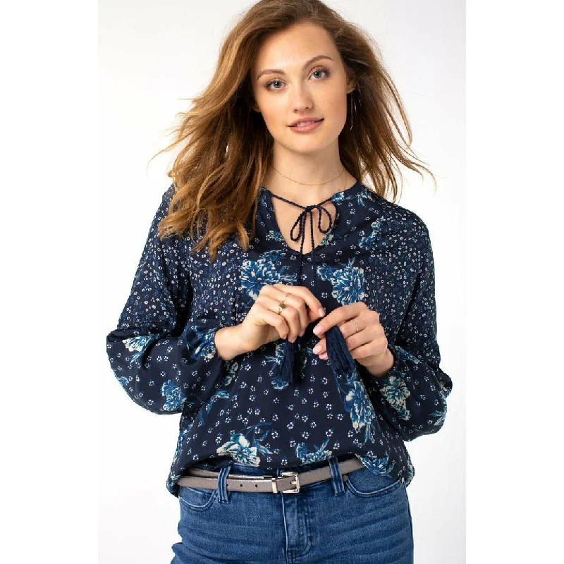 Printed Blocked Tie Front Shirred Blouse