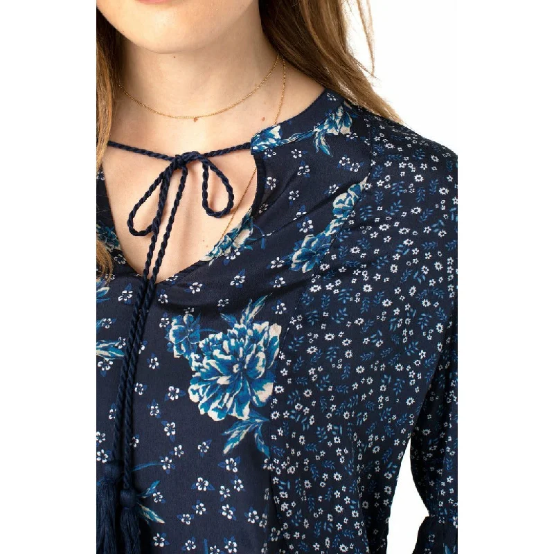 Printed Blocked Tie Front Shirred Blouse