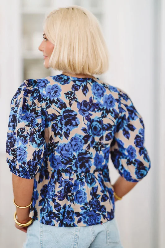 Abstract Blooms Top - Blue and Beige