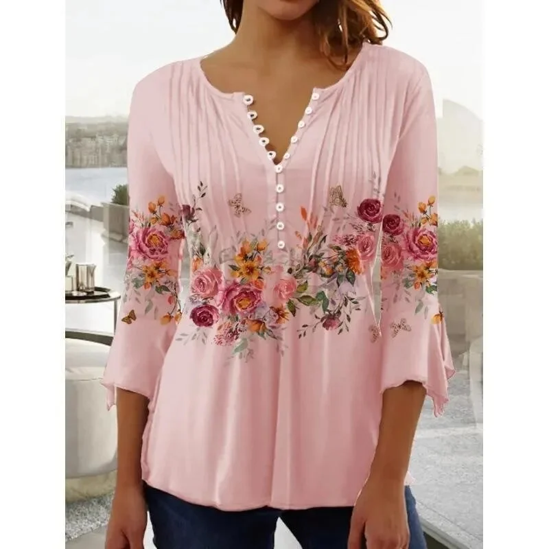 Comfortable Flower Print V-Neck Blouses