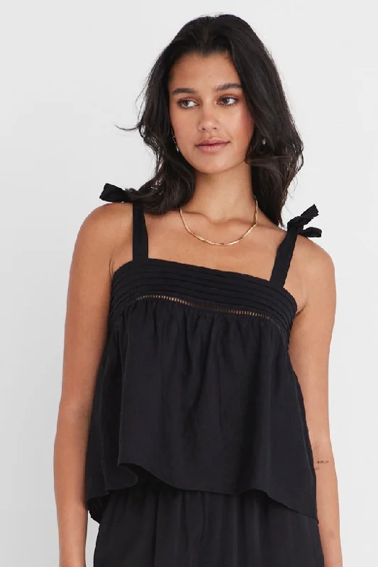 Fluid Black Linen Reversible Tie Shoulder Cami