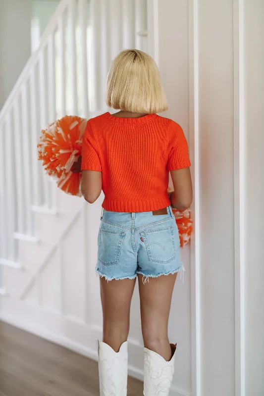 Game Day Crop Sweater Top - Orange and White