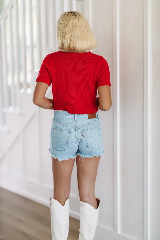 Game Day Crop Sweater Top - Red and Black