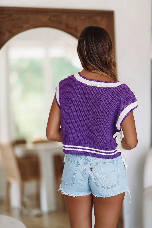 It's Game Time Crop Sweater - Purple and White