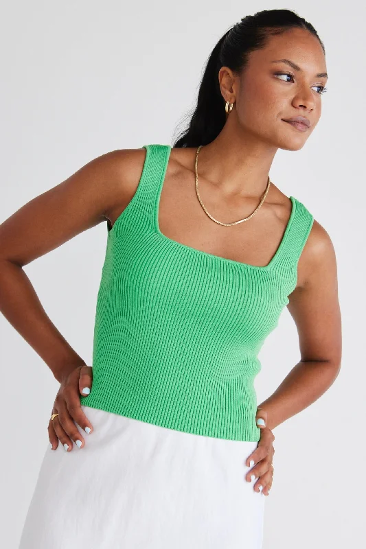 Juno Green Square Neck Rib Knit Tank