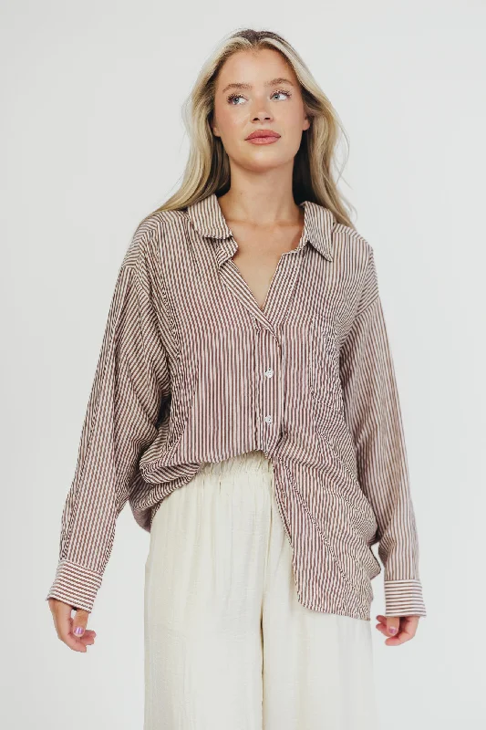 Kelly Oversized Button-Up Shirt in Brown Stripe