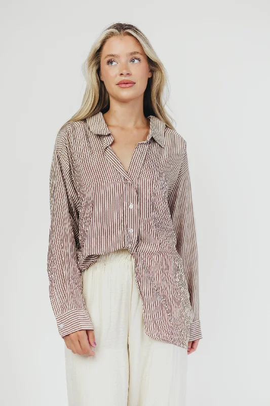 Kelly Oversized Button-Up Shirt in Brown Stripe