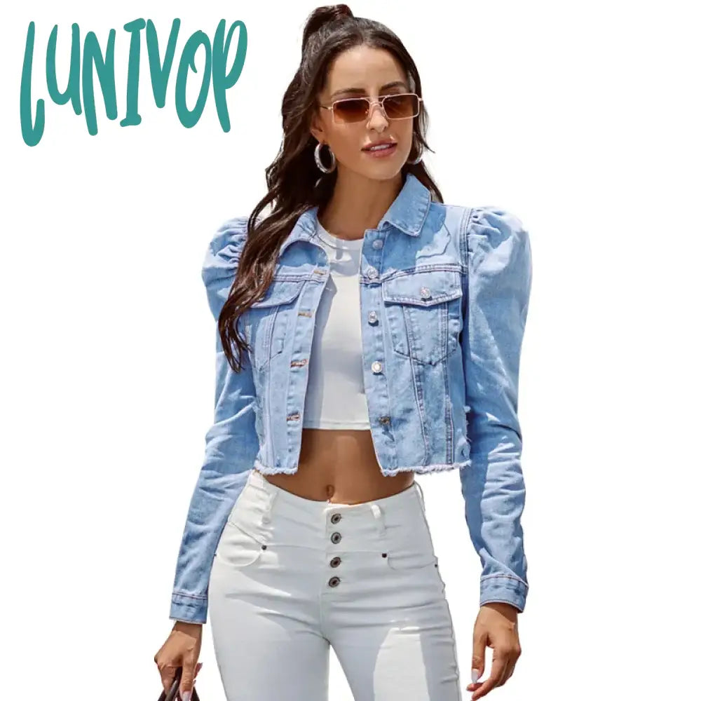 Lunivop Benuynffy Vintage Puff Long Sleeve Crop Jean Jacket Women Spring Autumn Single Breasted Coat Female Outwear Casual Denim Jackets