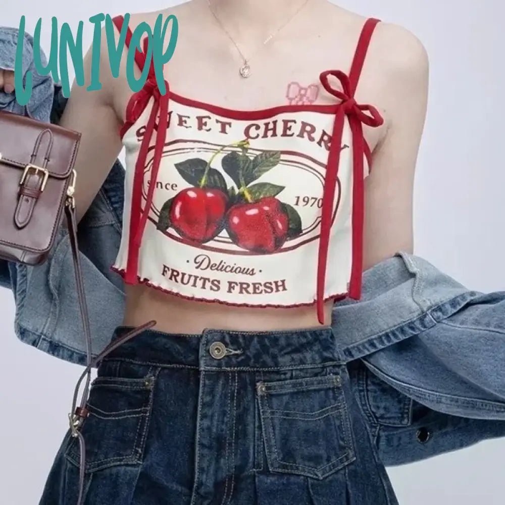 Lunivop  Chic Fashion Women Casual Japanese Sweet Cherry Print Slim Camisole Summer Bow Lace Up Thin Sxey Crop Y2k Tops Mujer