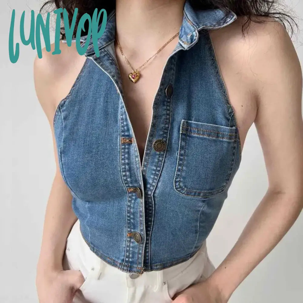 Lunivop Chic Fashion Women Streetwear Y2k Hollow Design Denim Tank Tops  Summer Sexy Backless Sleeveless Cropped Shirt Ropa Mujer