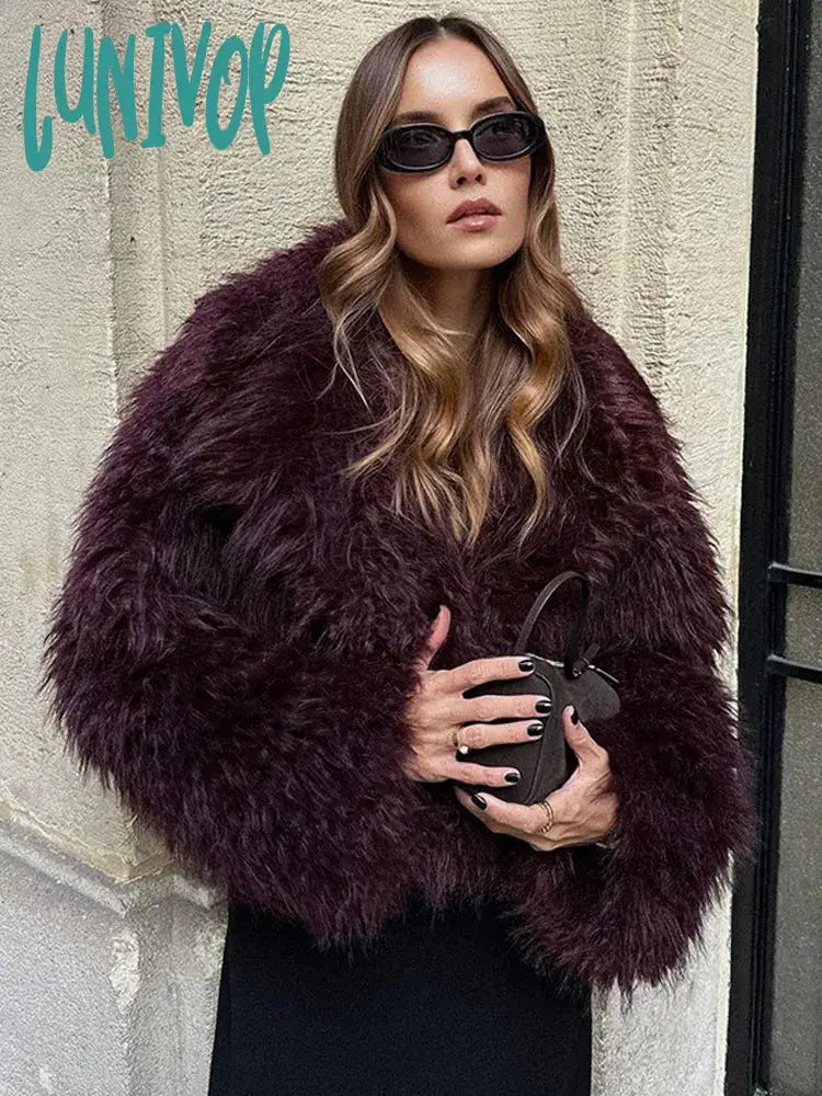 Lunivop Elegant Chic Solid Crop Plush Coat For Women Fashion Lapel Long Sleeved Thicken Jacket Autumn Winter Lady High Streetwear