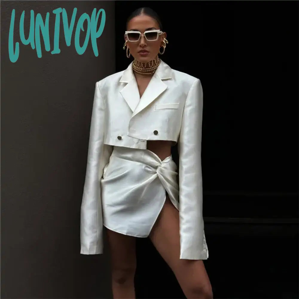 Lunivop Elegant Fashion Outfits Two Piece Set Cropped Blazer and Skirt Sets for Women Fall Ruched Mini Skirts Co-Ords Sets Skirt Sets