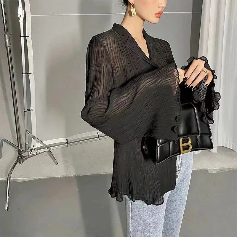 Lunivop Elegant Folds Shirts Women Vintage Flare Long Sleeve Pleated Blouses Office Ladies Korean Black Designer Casual Tops New