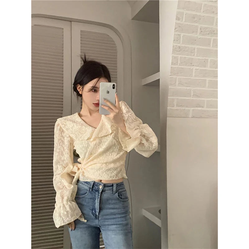 Lunivop Elegant Lace Cropped Blouses Women Vintage Bandage Long Sleeve Shirts Korean Designer Simple V Neck Slim Crop Tops New