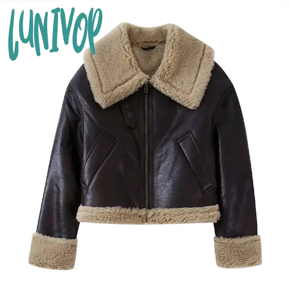 Lunivop Elegant Leather Fur Integrated Women's Thick Coat Casual Lapel Long Sleeved Crop Zipper Jacket Winter Lady Chic Streetwear