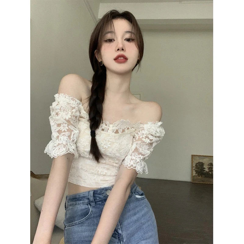 Lunivop Elegant Slash Neck Shirts Women Summer Lace Patchwork Crop Tops Sweet Korean Square Collar Puff Short Sleeve Slim Blouses