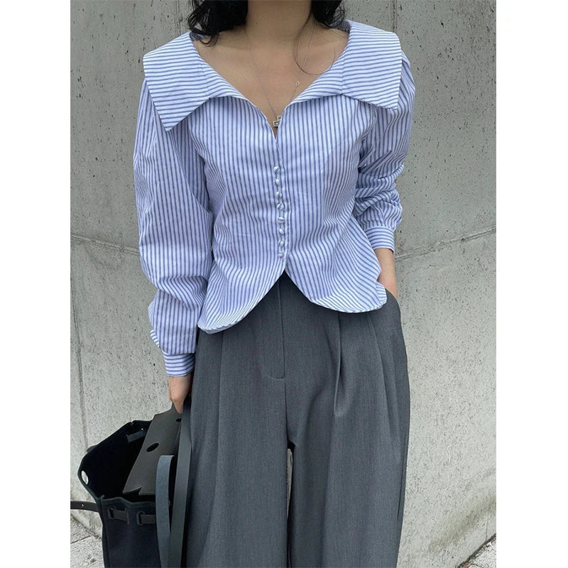 Lunivop Elegant Striped Shirts Women Korean White Long Sleeve Blouses Office Ladies Fashion Design Turn Down Collar Chic Tops New