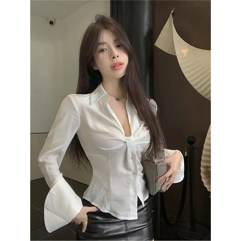 Lunivop Elegant White Shirts Women Sexy V Neck Folds Blouses Summer Streetwear Korean Flare Long Sleeve Slim Chic Crop Tops New