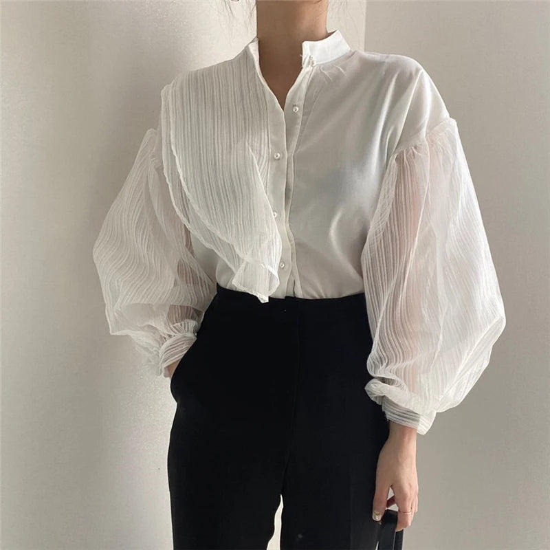 Lunivop Elegant White Shirts Women Vintage Mesh Patchwork Long Sleeve Blouses Summer Ladies Korean Black Tulle Sheer Chic Tops New