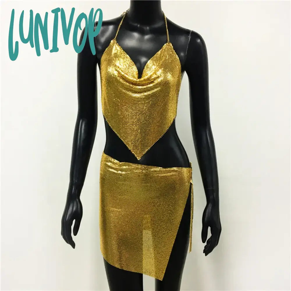 Lunivop Glitter Sequin Nightclub Party 2 Piece Set Split Mini Skirt Sexy Backless Crop Top Metallic Rave Festival Outfits Body Chains