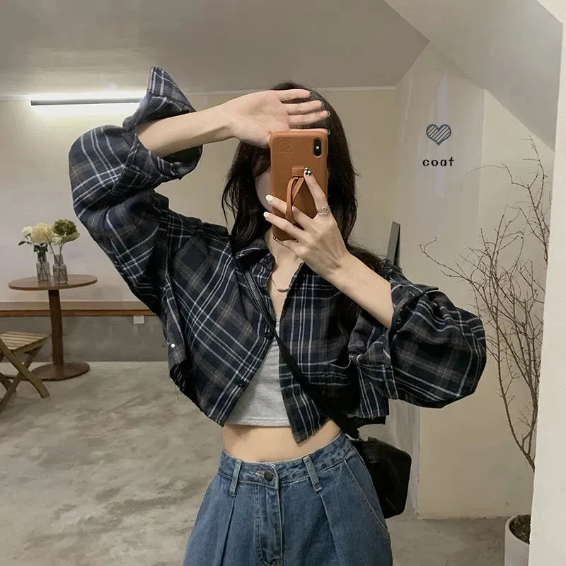 Lunivop Harajuku Crop Plaid Shirts Women Vintage Long Sleeve Loose Sunscreen Blouses Korean Fashion Casual All Match Top Thin Coat