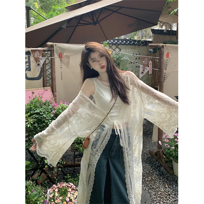 Lunivop Lace Embroidery Midi Shirts Women Vintage Long Sleeve Bandage Blouses Summer Vacation Beach Korean Sunscreen Cardigan Tops