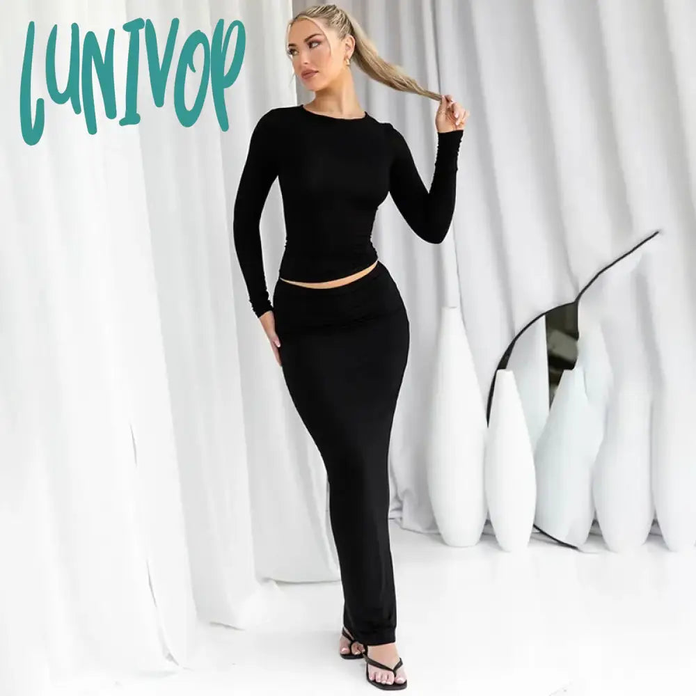 Lunivop O Neck Long Sleeve Crop Top and Bodycon Maxi Skirt Two Piece Set Women Autumn Winter Casual Skinny Outfits Skirt Sets