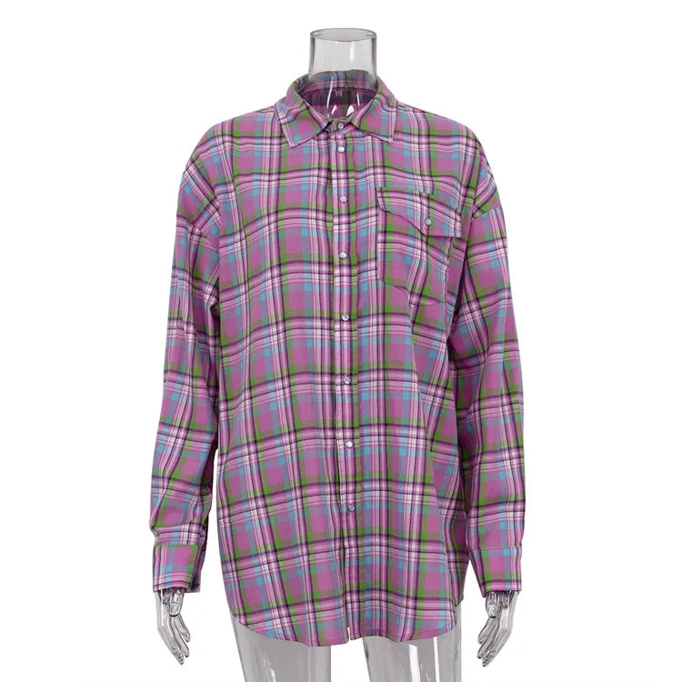 Lunivop Plaid Blouse Women Pink Retro Casual Loose Long Sleeve Womens Tops Autumn Trun Down Fashion Cotton Shirts Ladies Autumn