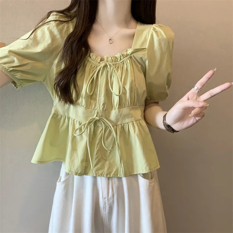 Lunivop Plus Size Blouses for Women Square Collar Puff Sleeve Solid Color Lace Up Design Shirts Summer All Match Casual Loose Clothing