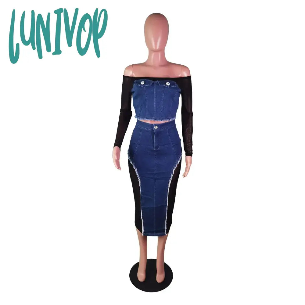 Lunivop Sexy Black Mesh Patchwork Blue Denim Long Skirt Sets Women Long Sleeve Slash Neck Crop Top 2 Pieces Sets Party Clubwear