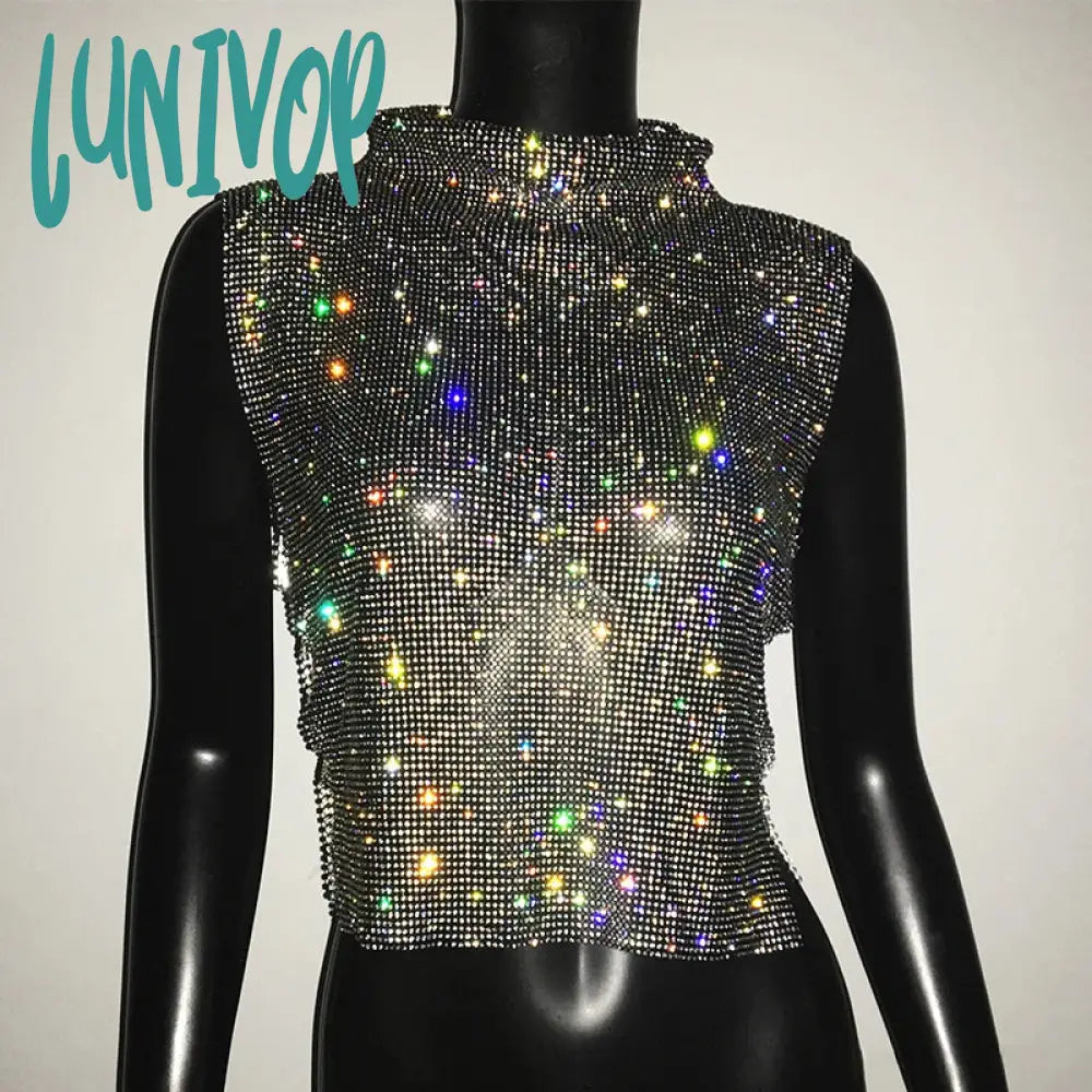 Lunivop Sexy Rhinestone Backless Party Crop Top Women Glitter Turtleneck TShirt Adjustable Metal Chain Summer Nightclub Diamond Tank Top