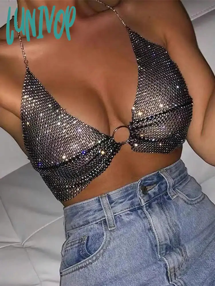 Lunivop  Sexy Women Hanging Neck Festival Rhinestone Detail Ring Linked Backless Crop Slim Halter Shirt-Front Top