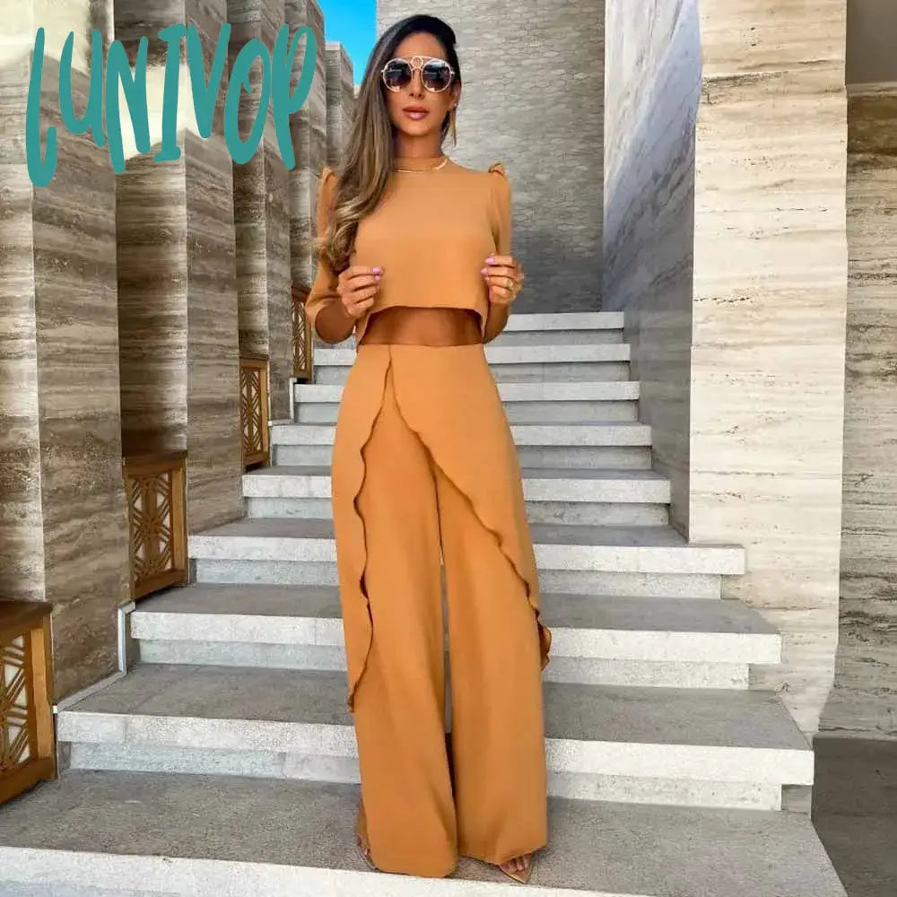 Lunivop Solid Elegant Two Piece Set For Women Causal Vintage Lady Outfits V-neck Crop Tops Wide Legs Pants Long Sleeve Female Suits