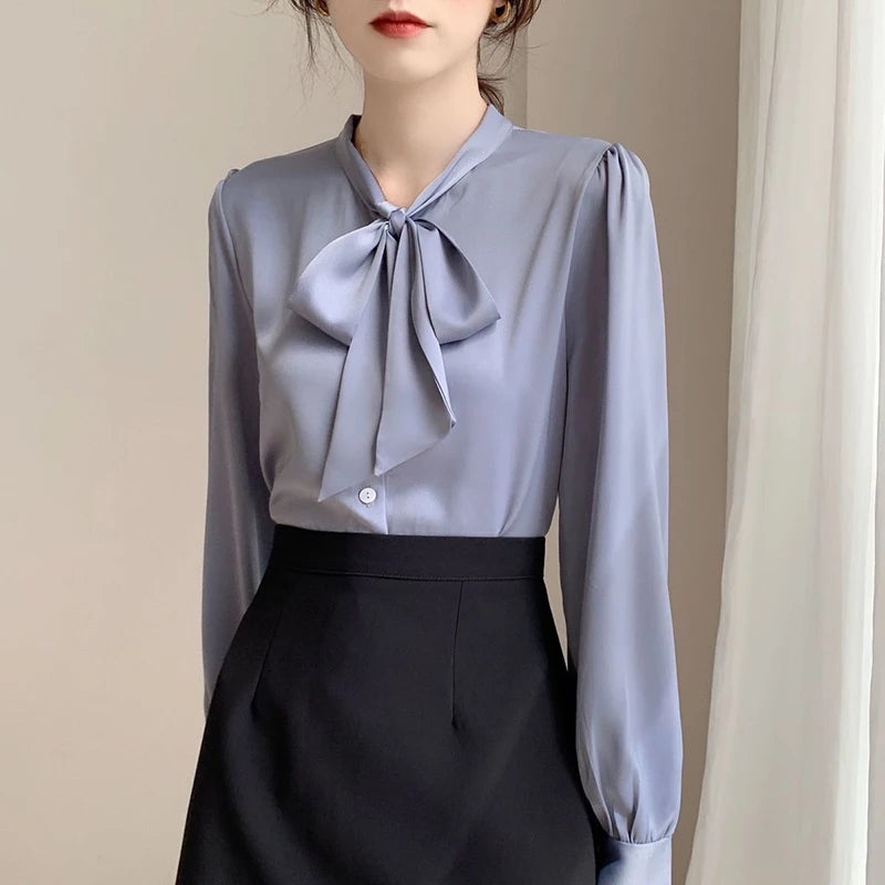 Lunivop Spring Solid Shirts Women Elegant Long Sleeve Bow Simple Chiffon Blouses Office Lady Korean Fashion Casual All Match Tops