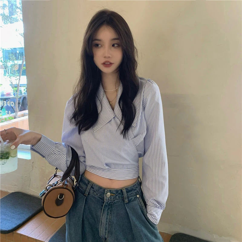 Lunivop Streetwear Striped Shirts Women Vintage Bandage Long Sleeve Crop Tops Spring Korean Fashion Elegant Casual Chic Blouses